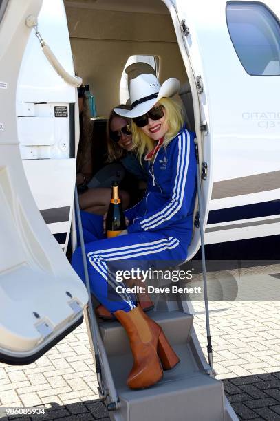 Tuuli Shipster and Pam Hogg arrive at Jersey Airport ahead of the Jersey Style Awards 2018 on June 28, 2018 in Trinity, Jersey.