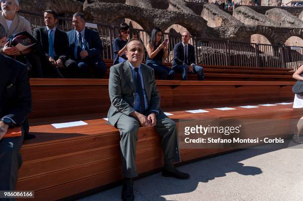 Alberto Bonisoli, Minister for Cultural Heritage and Activities and Tourism during the press conference, inside the Colosseum, to present the...
