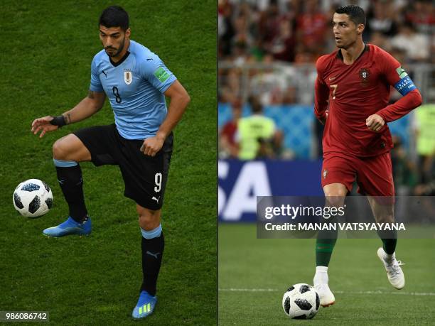 This combination of pictures created on June 28, 2018 shows Uruguay's forward Luis Suarez in Samara on June 25 and Portugal's forward Cristiano...