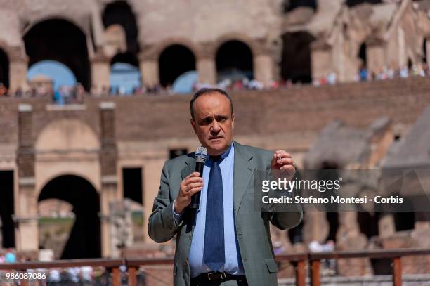 Alberto Bonisoli, Minister for Cultural Heritage and Activities and Tourism during the press conference, inside the Colosseum, to present the...
