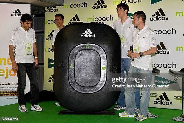 The Spanish soccer player Raul Gonzalez, athlete Arturo Casado, basketball player Carlos Suarez and athlete Rafael Iglesias attend the 'micoach'...