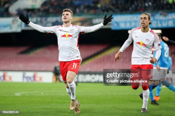 Leipzig's Timo Werner and Yussuf Poulsen celebrate during the UEFA Europa League soccer match SSC Naples vs RB Leipzig in Naples, Italy, 15 February...