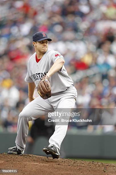 April 14: Jonathan Papelbon of the Boston Red Sox pitches to the Minnesota Twins on April 14, 2010 at Target Field in Minneapolis, Minnesota. The Red...