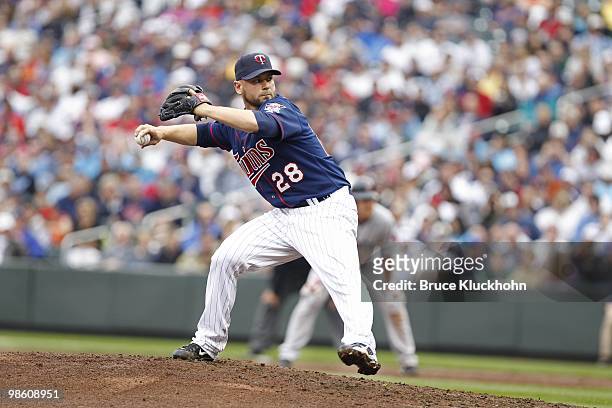 April 14: Jesse Crain of the Minnesota Twins pitches to the Boston Red Sox on April 14, 2010 at Target Field in Minneapolis, Minnesota. The Red Sox...