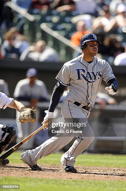 Carlos Pena of the Tampa Bay Rays bats against the Baltimore Orioles on April 14, 2010 at Camden Yards in Baltimore, Maryland.