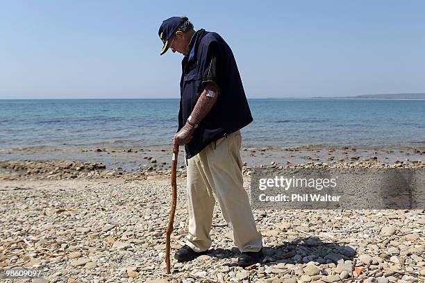 New Zealand war veteran Arthur Dixon walks along the beach at ANZAC Cove on April 22, 2010 in Gallipoli, Turkey. April 25 will commemorate the 95th...