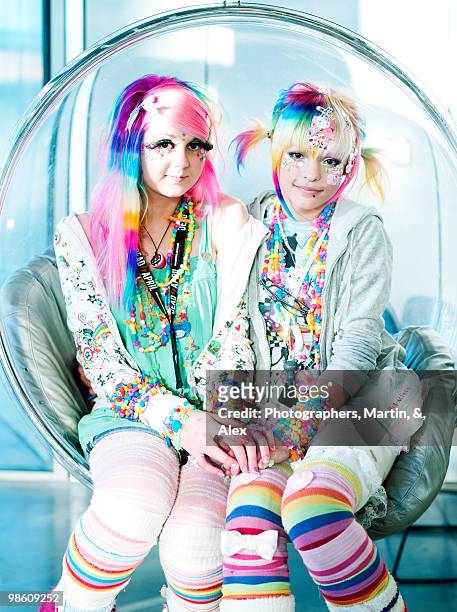 portrait of two teenage girls in creative outfits, sweden. - ウップランド ストックフォトと画像
