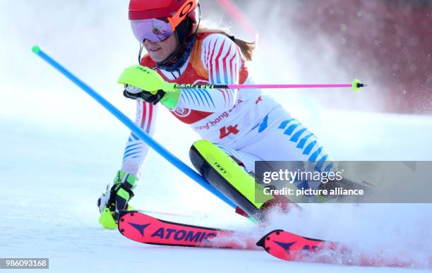 Mikaela Shiffrin of USA in the 1. Heat of the women's Slalom alpine skiing event during the Pyeongchang 2018 winter olympics in Yongpyong, South...