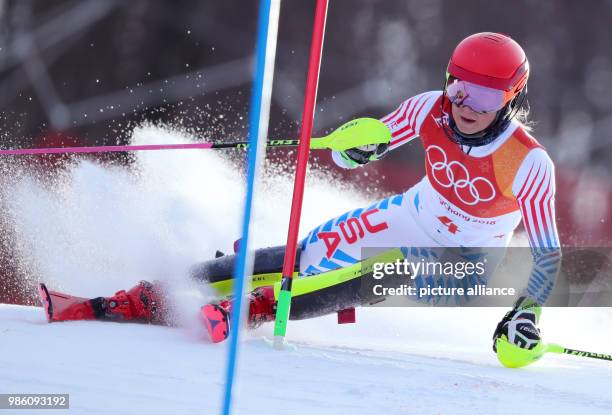 Mikaela Shiffrin of USA in the 1. Heat of the women's Slalom alpine skiing event during the Pyeongchang 2018 winter olympics in Yongpyong, South...