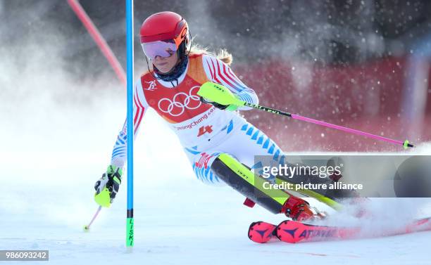 Mikaela Shiffrin of USA in the 1. Heat of the women's Slalom alpine skiing event during the Pyeongchang 2018 winter olympics in Yongpyong, South...