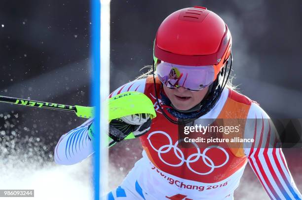 Mikaela Shiffrin of USA in the 1. Heat of the women's Slalom alpine skiing event during the Pyeongchang 2018 winter olympics in Yongpyong, South...