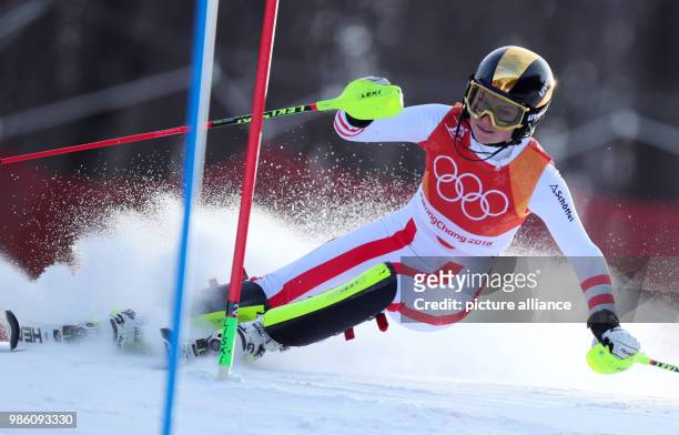 Bernadette Schild of Austria in the 1. Heat of the women's Slalom alpine skiing event during the Pyeongchang 2018 winter olympics in Yongpyong, South...