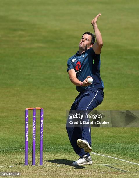 Steven Mullaney of England Lions bowls during the Tri-Series International match between England Lions v West Indies A at The County Ground on June...