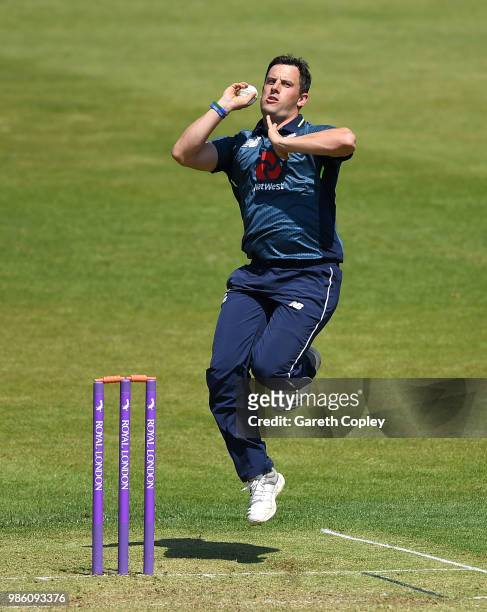 Steven Mullaney of England Lions bowls during the Tri-Series International match between England Lions v West Indies A at The County Ground on June...