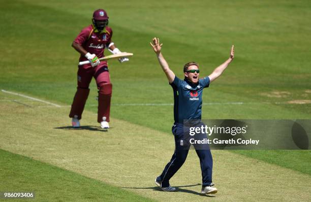 Liam Dawson of England Lions appeals during the Tri-Series International match between England Lions v West Indies A at The County Ground on June 28,...