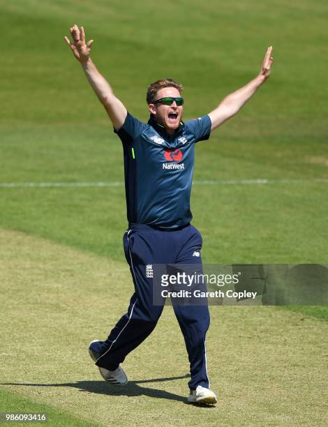Liam Dawson of England Lions appeals during the Tri-Series International match between England Lions v West Indies A at The County Ground on June 28,...