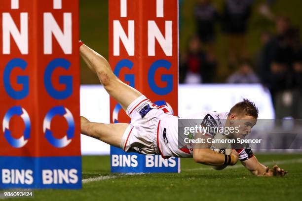 Matt Dufty of the Dragons scores the winning try during the round 16 NRL match between the St George Illawarra Dragons and the Parramatta Eels at WIN...