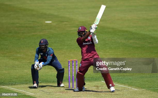 Sunil Ambris of West Indies A bats during the Tri-Series International match between England Lions v West Indies A at The County Ground on June 28,...