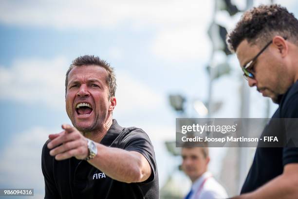 Lothar Matthaus reacts during a Football Event at Red Square on June 28, 2018 in Moscow, Russia.