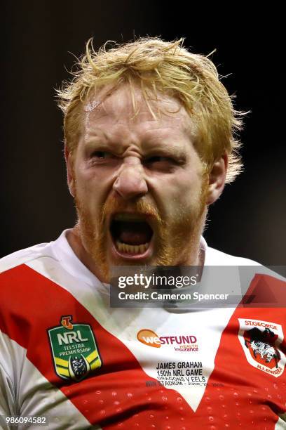 James Graham of the Dragons celebrates winning the round 16 NRL match between the St George Illawarra Dragons and the Parramatta Eels at WIN Stadium...