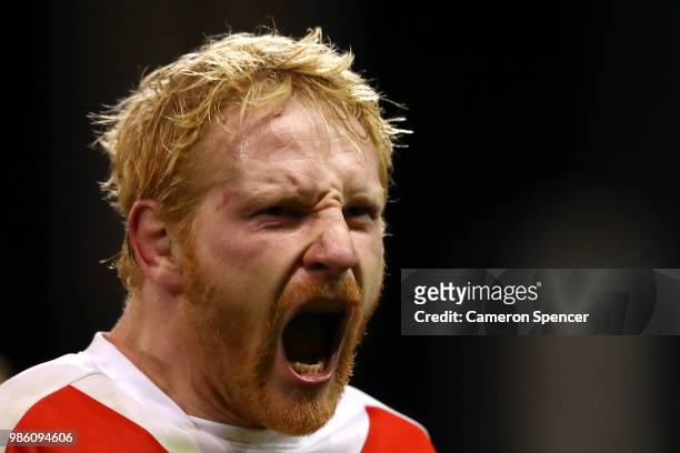 James Graham of the Dragons celebrates winning the round 16 NRL match between the St George Illawarra Dragons and the Parramatta Eels at WIN Stadium...