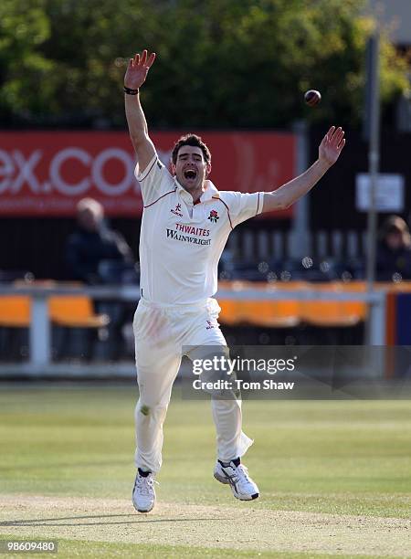 James Anderson of Lancashire celebrates taking the wicket of Billly Godleman of Essex during the LV County Championship match between Essex and...