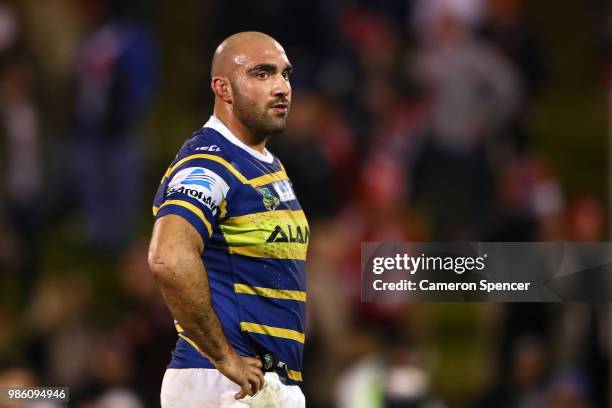 Tim Mannah of the Eels looks dejected after losing the round 16 NRL match between the St George Illawarra Dragons and the Parramatta Eels at WIN...