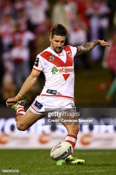 Gareth Widdop of the Dragons kicks a goal during the round 16 NRL match between the St George Illawarra Dragons and the Parramatta Eels at WIN...