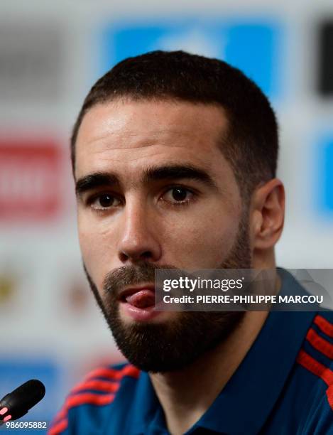 Spain's defender Dani Carvajal attends a press conference at Krasnodar Academy on June 28 during the Russia 2018 World Cup football tournament.