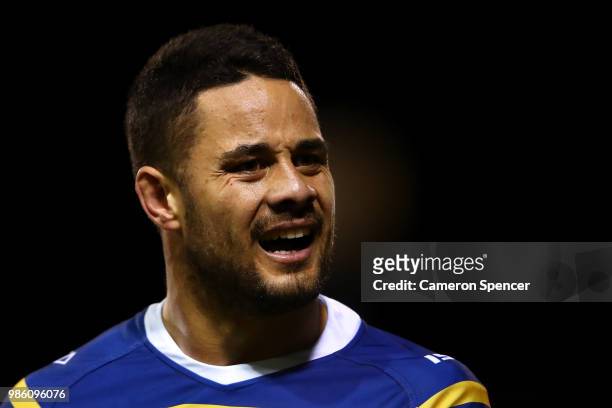 Jarryd Hayne of the Eels shows his emotion during the round 16 NRL match between the St George Illawarra Dragons and the Parramatta Eels at WIN...