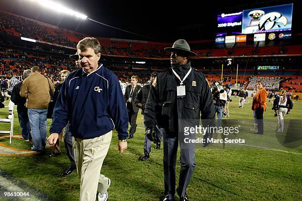 Head coach Paul Johnson of the Georgia Tech Yellow Jackets walks off the field dejected after they lost 24-14 against the Iowa Hawkeyes during the...