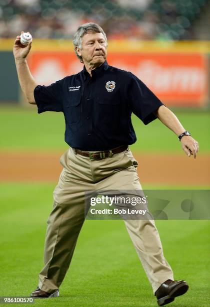 Harris County Judge Ed Emmett throws out first pitch at Minute Maid Park on June 25, 2018 in Houston, Texas.