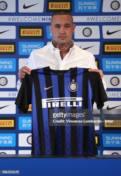 Internazionale unveils new signing Radja Nainggolan attends press conference on June 28, 2018 in Milan, Italy.