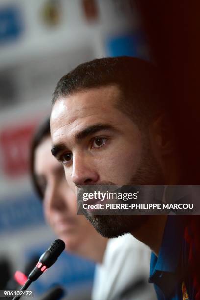 Spain's defender Dani Carvajal attends a press conference at Krasnodar Academy on June 28 ahead of their Russia 2018 World Cup round of 16 football...