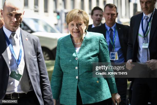 Germany's Chancellor Angela Merkel arrives for a meeting of the conservative European People's Party , on June 28, 2018 in Brussels.