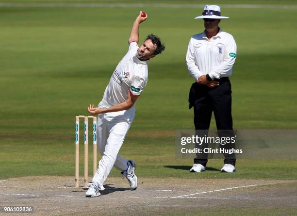 Graham Onions of Lancashire bowls during day four of the Specsavers County Championship game at Old Trafford on June 28, 2018 in Manchester, England.