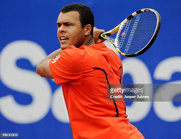 Jo-Wilfried Tsonga of France follows the ball during his match against Nicolas Almagro of Spain on day four of the ATP 500 World Tour Barcelona Open...