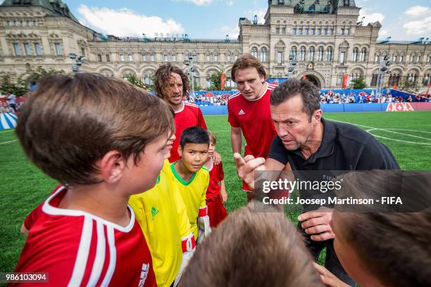 Lothar Matthaus speaks to his team during a Football Event at Red Square on June 28, 2018 in Moscow, Russia.