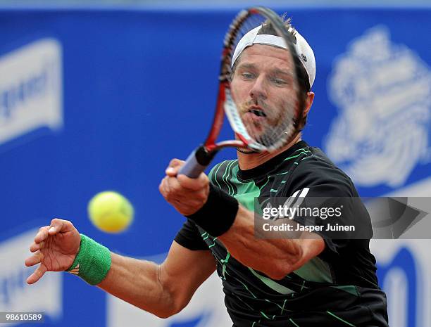 Jurgen Melzer of Austria plays a forehand to Fernando Verdasco of Spain on day four of the ATP 500 World Tour Barcelona Open Banco Sabadell 2010...