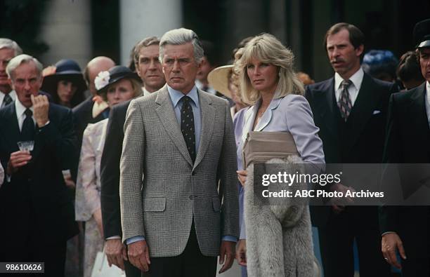 American actors John Forsythe and Linda Evans in an episode from the television show 'Dynasty,' Los Angeles, California, January 12, 1981.