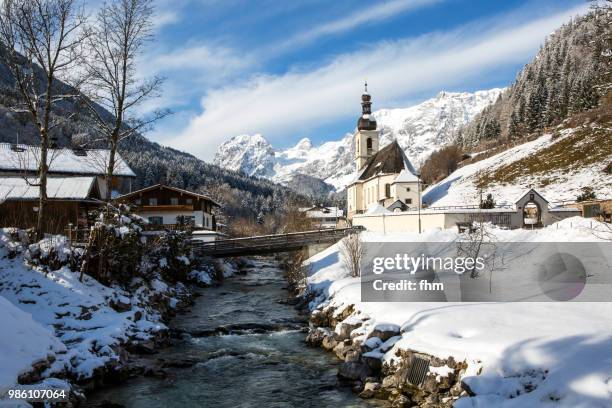 ramsau "malerwinkel"/ berchtesgardener land with church and river (bavaria/ germany) - berchtesgaden alps stock pictures, royalty-free photos & images