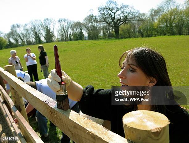 Samantha Cameron , wife of British opposition Conservative party leader David Cameron, helps to creosote a fence during an election campaign visit to...