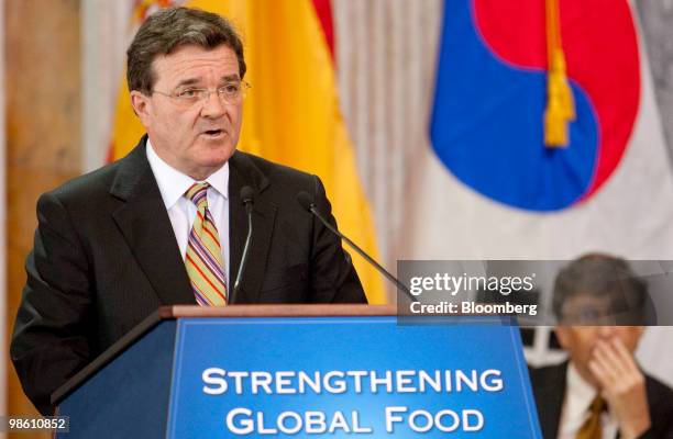 James Flaherty, Canada's finance minister, speaks during an event on strengthening global food security with Bill Gates, founder of Microsoft Corp....