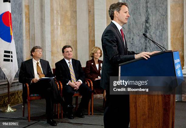 Timothy Geithner, U.S. Treasury secretary, speaks during an event on strengthening global food security with Bill Gates, founder of Microsoft Corp....