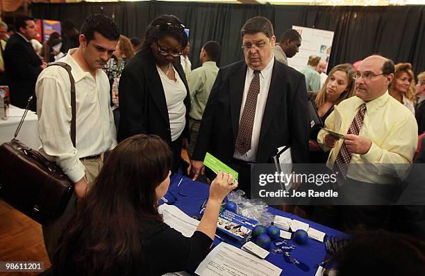 Care recruiter, Belkys Cairo speaks with people durng a job fair at the Signature Grand on April 22, 2010 in Davie, Florida.The Labor Department...