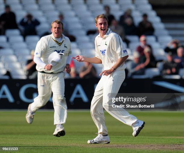 Stuart Broad of Nottinghamshire celebrates after taking the wicket of Craig Kieswetter of Somerset during the LV County Championship match between...