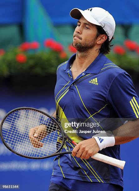 Fernando Verdasco of Spain reacts during his match against Jurgen Melzer of Austria on day four of the ATP 500 World Tour Barcelona Open Banco...