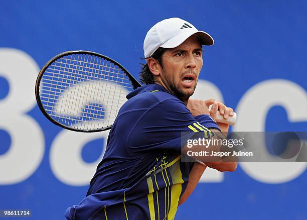 Fernando Verdasco of Spain follows the ball during his match against Jurgen Melzer of Austria on day four of the ATP 500 World Tour Barcelona Open...