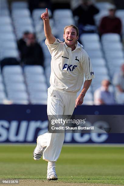 Stuart Broad of Nottinghamshire celebrates after taking a wicket during the LV County Championship match between Nottinghamshire and Somerset at...