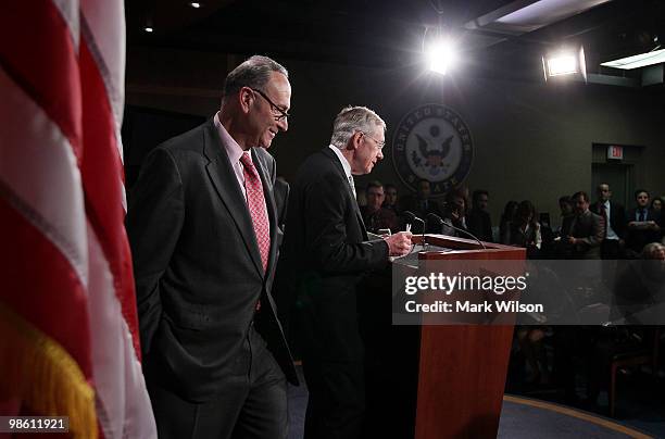 Senate Majority Leader Harry Reid and Democratic Conference Vice Chairman Chuck Schumer participate in a news conference on financial reform on Wall...